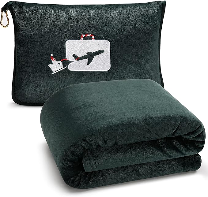 EverSnug Limited Edition Travel Blanket and Pillow - Ultra-Soft, Compact & Lightweight, 65x40 Inches, with Carry Case, Luggage Sleeve & Backpack Clip (Holiday Edition Forest Green)