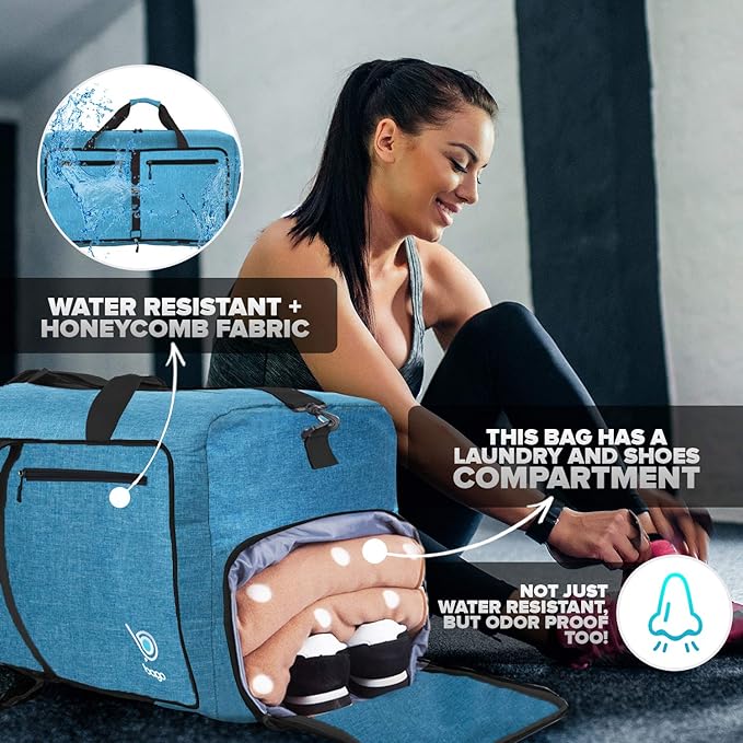Bago Large Foldable Duffel Bags for Traveling Women & Men - 120L Packable Duffle Bag for Travel with Shoe Compartment - Water Repellant, Heavy Duty, Lightweight Folding & Collapsible (SnowBlue)