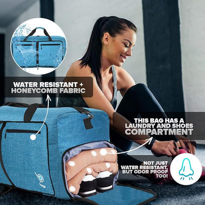 Bago Large Foldable Duffel Bags for Traveling Women & Men - 120L Packable Duffle Bag for Travel with Shoe Compartment - Water Repellant, Heavy Duty, Lightweight Folding & Collapsible (SnowBlue)
