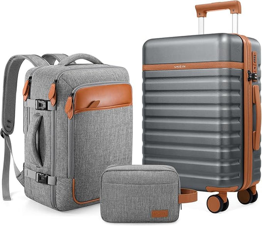 UKEIN Luggage Sets 3 Piece, Carry On Luggage 20In With Spinner Wheels,PC Hardside Suitcase Set with TSA Lock,Durable Carry On Suitcase With Travel Backpack for Men (Grey, 3 piece set (20inch))