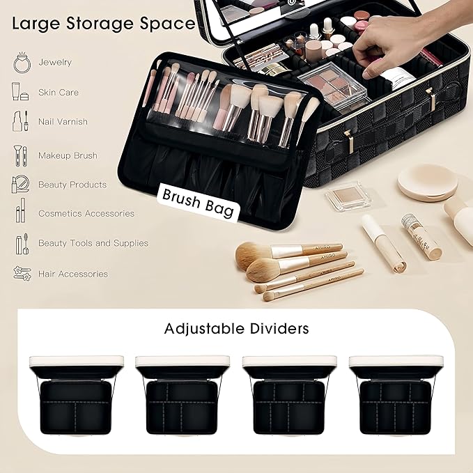 Leather Makeup Case with LED Lighted Mirror 11.4 Inch Travel Makeup Bag Adjustable Brightness in 3 Colors Cosmetic Organizer Artist Storage Bag with Dividers Brush Holder Bag Vanity Black Checkerboard