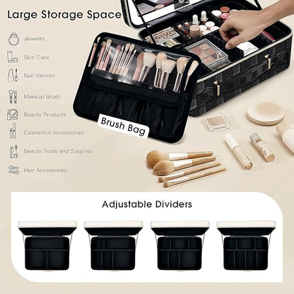 Leather Makeup Case with LED Lighted Mirror 11.4 Inch Travel Makeup Bag Adjustable Brightness in 3 Colors Cosmetic Organizer Artist Storage Bag with Dividers Brush Holder Bag Vanity Black Checkerboard