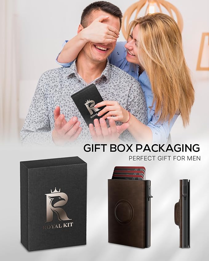 Mens Wallet with AirTag Holder: Smart Wallet Compatible with Apple AirTag, Pop Up Card Case, Top Grain Leather, RFID Blocking, Slim, Minimalist, 9-14 Card Capacity | ID Window | Cash Slot (Brown)