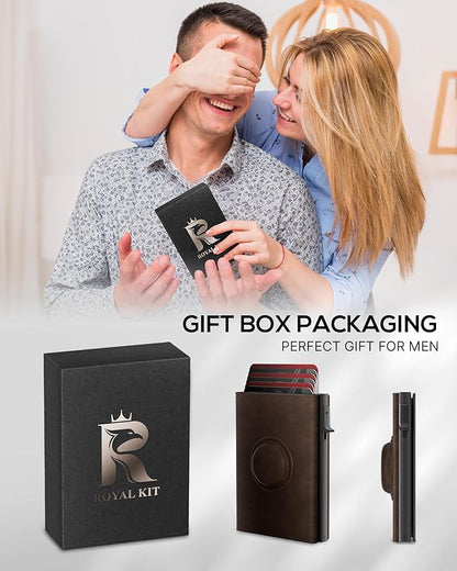 Mens Wallet with AirTag Holder: Smart Wallet Compatible with Apple AirTag, Pop Up Card Case, Top Grain Leather, RFID Blocking, Slim, Minimalist, 9-14 Card Capacity | ID Window | Cash Slot (Brown)