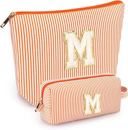 mibasies 2 PCS Initial Makeup Bags: Mothers Day Gifts for Women - Best Friend Birthday Gifts Graduation Gifts Wedding Bridesmaid Girlfriend Wife Daughter Sister Girl Gifts - Orange M