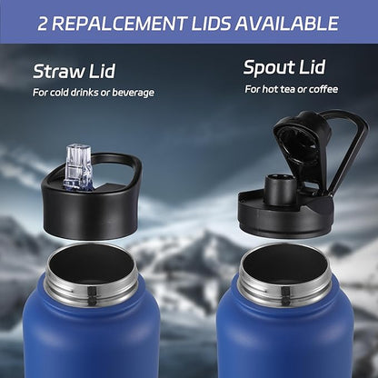 HASLE OUTFITTERS 32 oz Insulated Water Bottle Stainless Steel Double Walled Vacuum Sports Water Bottle with 2 Lids (Straw and Spout Lid) for Gym Camping Hiking(Royal Blue,1)
