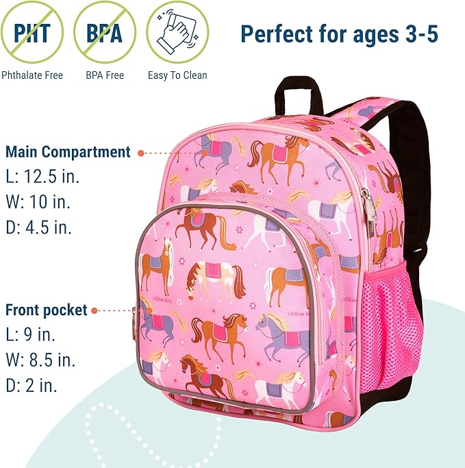 Wildkin 12-inch Kids Backpack – Padded, Adjustable, Ideal for Daycare & Travel - Horses