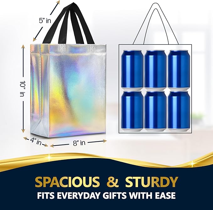 Nush Nush Set of 60 Iridescent Gift Bags in Bulk – Stunning Holographic Silver Bulk Gift Bags with Handles - Ideal Reusable Party Favor Bags for Small Business, Bachelorette Party Favors - 8Wx4Dx10H