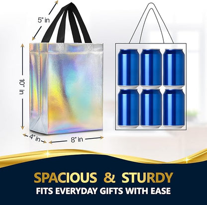 Nush Nush Set of 60 Iridescent Gift Bags in Bulk – Stunning Holographic Silver Bulk Gift Bags with Handles - Ideal Reusable Party Favor Bags for Small Business, Bachelorette Party Favors - 8Wx4Dx10H