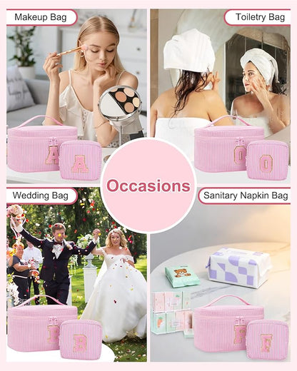 MONSTINA Personalized Initial Makeup Bag with Brush Holder and Divider for Women,Make Up Case for Girlfriend Bridesmaid Wife,Birthday Gift for Her Cute Toiletry Bag,2PCS,Pink L