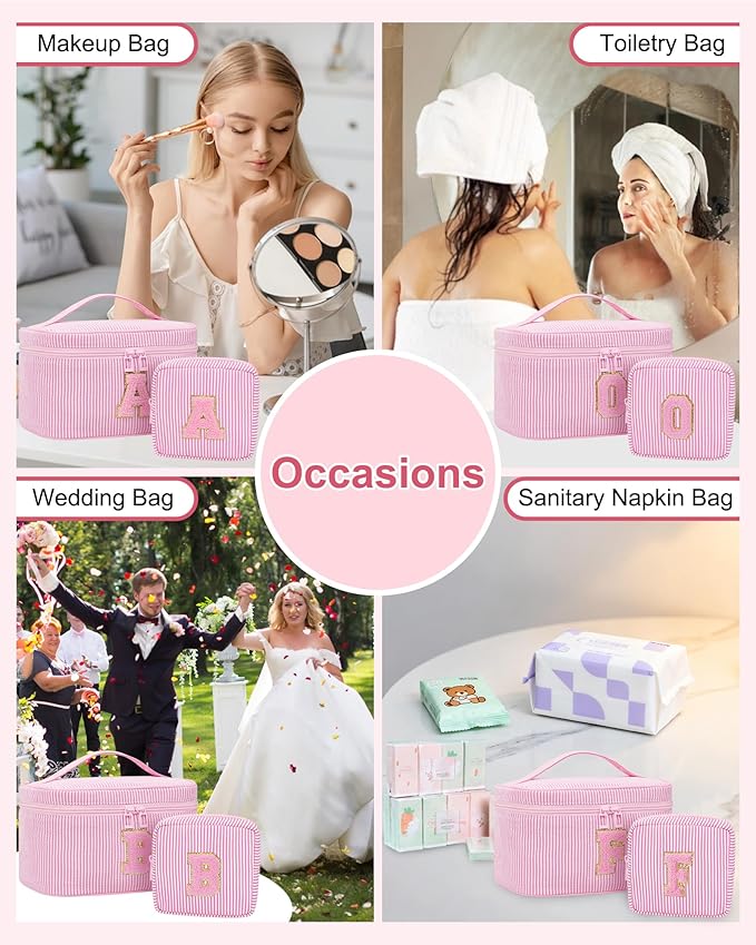 Initial Makeup Bag Cosmetic Bag Bridal Shower Gifts - Bridesmaid Bag,Bridesmaid Proposal Gifts for Wedding Day,Maid Matron of Honor Gift, Bride to be Gifts,Bachelorette Party Favors,2PCS,Pink N