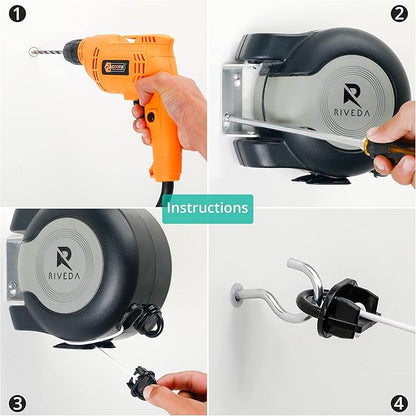 RIVEDA Dual Retractable Clothesline 43 ft Each Line with 24 Clothes Pins - Heavy Duty Clothes Line Indoor & Outdoor Laundry Line -Double Clothing line - Easy Installation (Black)