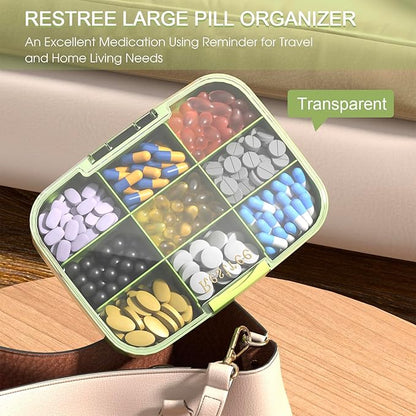 Restree Large Pill Organizer, Moisture Proof & Waterproof Travel Pill Case, Portable Medication Box with Adjustable Dividers for Vitamins Supplements Fish Oil and Daily Pills 9 Compartments (Green)