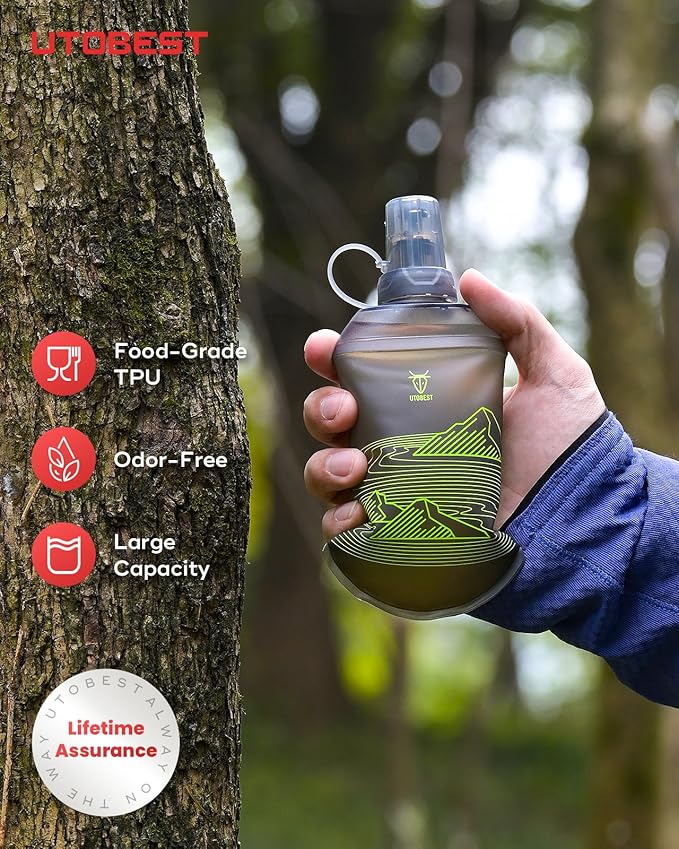 200ml Soft Flask, 2 Pack Flexible TPU Hydration Water Bottle, Collapsible with 28mm Caliber for Running, Hiking, Cycling, Climbing, and Marathon Green