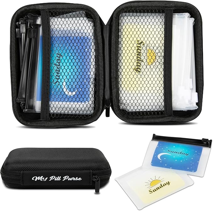 Day and Night Pill Organizer 14 Mini Pill Bags Color Coded, Pre-Labeled Days of The Week, Travel AM PM Pill Organizer 7 Day 2 Times A Day Small Med Wallet Recommend Two if Lots of Pills