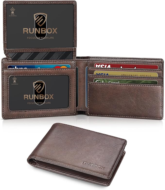 RUNBOX Wallet for Men Slim Rfid Leather 2 ID Window With Gift Box