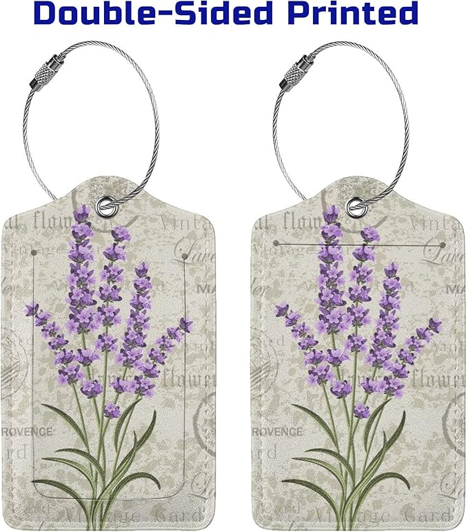 2 Pcs Purple Lavender Luggage Tags for Women Girls Travel, Cute Flower PU Leather Bag Tags Baggage for Suitcases with Stainless Steel Loop & Privacy Name ID Card Cover Identifiers Labels Set