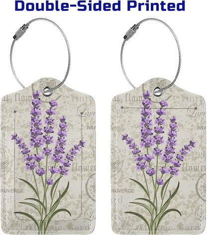 2 Pcs Purple Lavender Luggage Tags for Women Girls Travel, Cute Flower PU Leather Bag Tags Baggage for Suitcases with Stainless Steel Loop & Privacy Name ID Card Cover Identifiers Labels Set