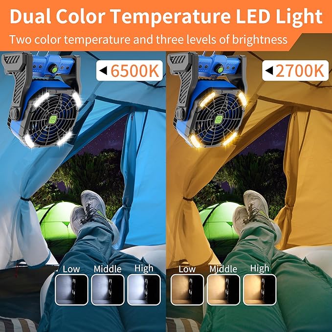 20000mAh Battery Powered Fan Rechargeable,Portable Fan for Travel Battery Operated with LED Lantern,270°Rotation,USB Personal Fans Camping Essentials Gear Tent Cordless Battery Fans Portable X26 Blue