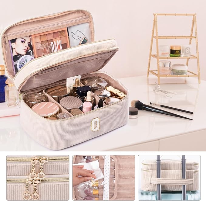 AMOIGEE Initial Makeup Bag Organizer,Personalized Double Layer Train Case, Travel Toiletry Bag for Makeup Brushes for Teens Girl, Skincare Gift Set, Initial Cute Cosmetic Make Up Bag for Women