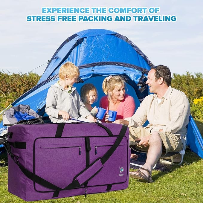 Bago Large Foldable Duffel Bags for Traveling Women & Men - 100L Packable Duffle Bag for Travel with Shoe Compartment - Water Repellant, Heavy Duty, Lightweight Folding & Collapsible (SnowDepPurple)