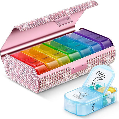 Zannaki Bling Metal XL Weekly Pill Organizer 2 Times a Day, Large Travel Daily Pill Box 7 Day, Portable Week Twice Pill Holder Container, AM PM Pill Case for Medicine Vitamin Medication Supplement
