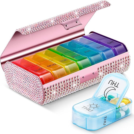 Zannaki Bling Metal XL Weekly Pill Organizer 2 Times a Day, Large Travel Daily Pill Box 7 Day, Portable Week Twice Pill Holder Container, AM PM Pill Case for Medicine Vitamin Medication Supplement