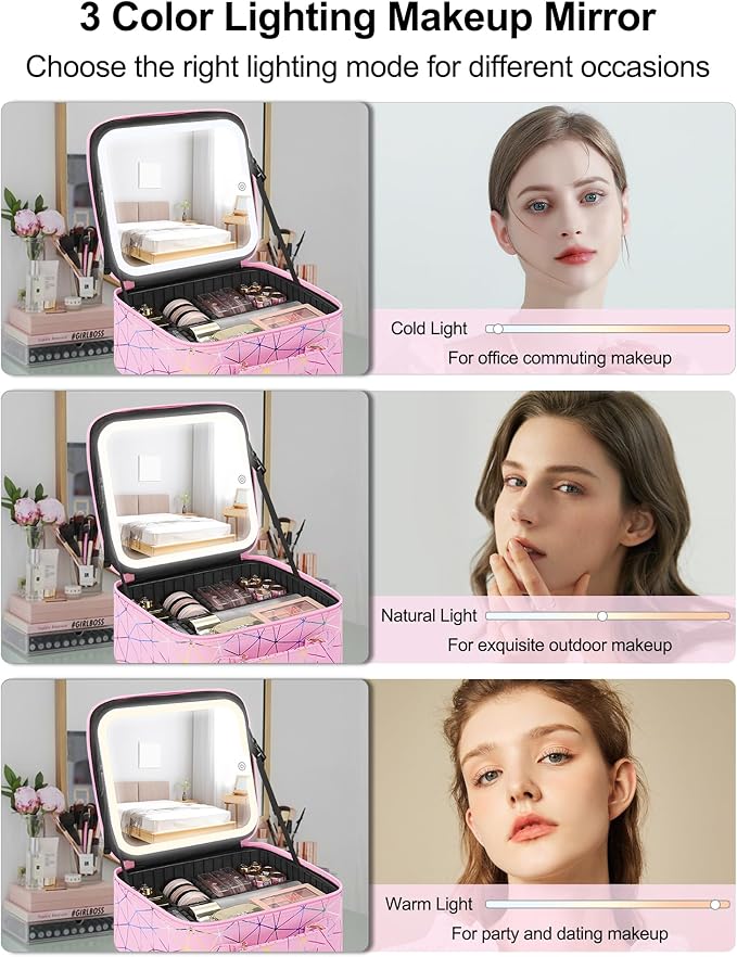 Chomeiu Makeup Bag with LED Mirror, Cute Cosmetic Bags Birthday Gifts for Girls Women, Makeup Train Case Artists Organizer Large Make Up Bags with Light Up Mirror 3 Color Lights, Pink Geometry