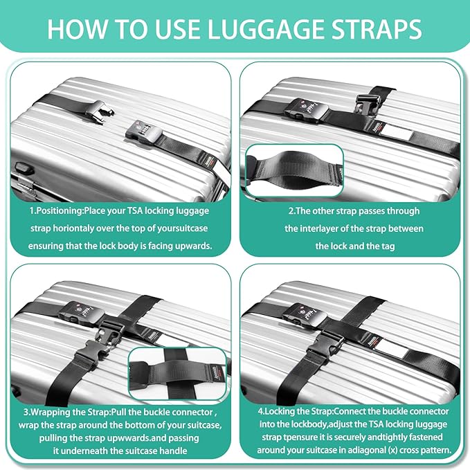 Cross Luggage Strap Belt for 20"-32" Suitcase with TSA Approved 3-Dial Combination Lock Wide Adjustable Packing Straps Travel Accessories, Black