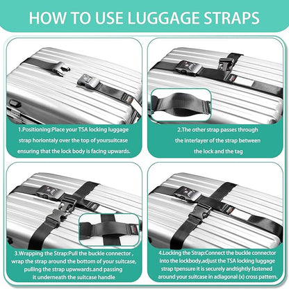 Cross Luggage Strap Belt for 20"-32" Suitcase with TSA Approved 3-Dial Combination Lock Wide Adjustable Packing Straps Travel Accessories, Black