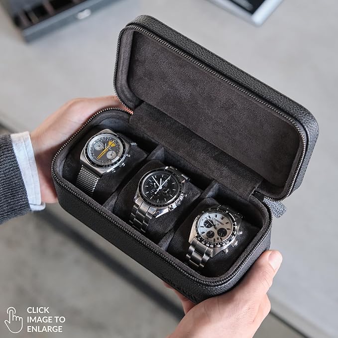 TAWBURY 3 Watch Case for Men – Luxury Leather Watch Travel Case for Men | Black Watch Cases for Men Travel | Traveling Watch Holder for Men | Black Watch Roll Case | 3 Watch Box for Men Travel