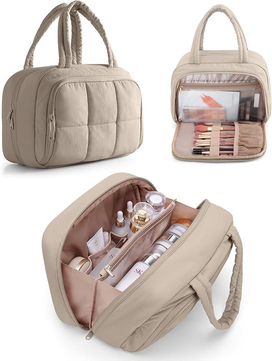 Travel Toiletry Bag for Women with Hanging Hook, Water Resistant Puffy Makeup Organizer with Leak Proof Pockets for Toiletries and Cosmetics - Khaki (Bag Only)