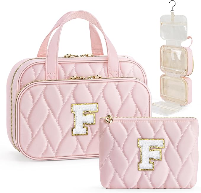 YOOLIFE Gifts for Friends - Friendship Gifts for Women, Travel Toiletry Bag for Women, Hanging Toiletry Bag, Monogrammed Initial Toiletry Pouch Makeup Bag - Letter F Pink