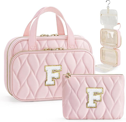 YOOLIFE Gifts for Friends - Friendship Gifts for Women, Travel Toiletry Bag for Women, Hanging Toiletry Bag, Monogrammed Initial Toiletry Pouch Makeup Bag - Letter F Pink