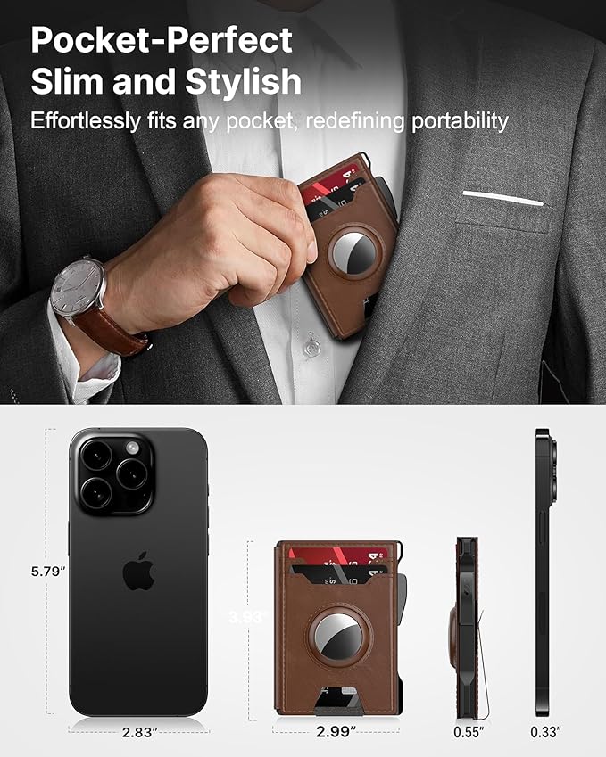 typecase AirTag Wallet for Men: Pop Up Card Case, Secure Holder for Apple Air Tag, Premium Leather, Smart, RFID Blocking, Slim, Minimalist, Thin, 13 Cards Capacitiy | ID Window | Money Clip (Brown)