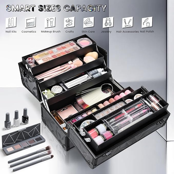 FRENESSA Makeup Case Extra Large Makeup Train Case 12.6 Inch Makeup Box Organizer Profressional Make Up Cases Storage Cosmetic Artist Travel Case with Divider Shoulder Strap Hard Vanity Dark Black