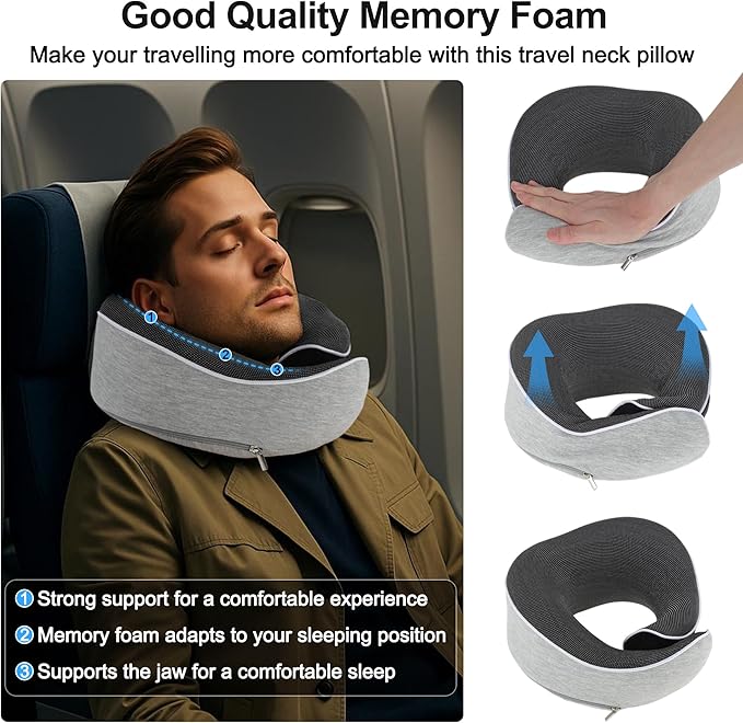 VOCOSTE Neck Pillow for Airplane Travel, Ergonomic Memory Foam Support for Long Flights, with Eye Mask & Earplugs, Home & Office Nap, Gifts for Frequent Flyer, Light Gray