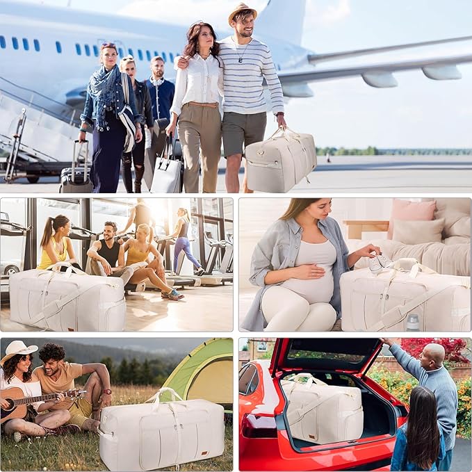 80L Large Duffle Bag for Travel, 26' Travel Duffel with Shoe Compartment, Foldable Collapsible Overnight Gym Weekender Bag for Men Women, Waterproof & Tear Resistant (Beige, 80L)