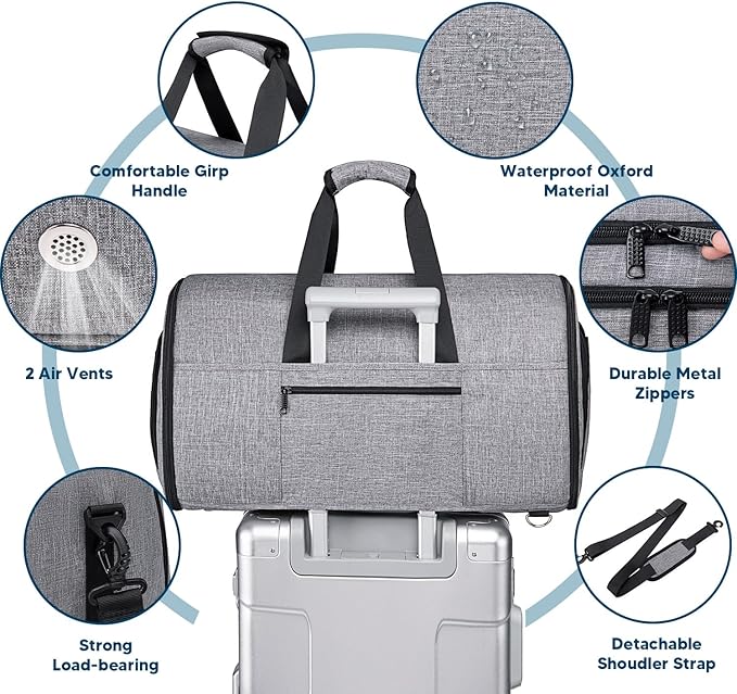 Garment Bags for Travel,Convertible Garment Bag with Shoulder Strap, 4 in 1 Suit Bag Travel with Shoes Foldable 58L Garment Bags for Men Women Garment Duffel Bags for Hanging Clothes,Grey