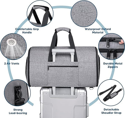 Garment Bags for Travel,Convertible Garment Bag with Shoulder Strap, 4 in 1 Suit Bag Travel with Shoes Foldable 58L Garment Bags for Men Women Garment Duffel Bags for Hanging Clothes,Grey