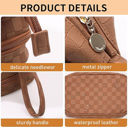 Abiudeng Large Capacity Makeup Bag Ladies Cosmetic Bag Travel Bag with Compartments Portable PU Leather Travel Makeup Bag with Handle