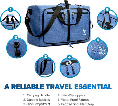 Bago Foldable Duffel Bags for Traveling Women & Men - 40L Sports Packable Duffle Bag for Travel with Shoe Compartment - Water Repellant, Heavy Duty, Lightweight Folding & Collapsible (SnowDepBlue)