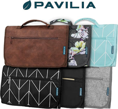 PAVILIA Hanging Toiletry Bag Men Women, Travel Kit Foldable Large Toiletries Organizer, Roll up Cosmetics Makeup Bag Accessories, Waterproof Essentials Dopp Case (Brown)