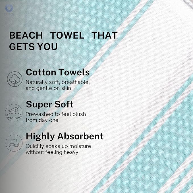 Cotton Turkish Beach Towel Towels Oversized 36"x72" Pool Absorbent Extra Large Quick Dry Sand Travel Towel (Aqua Blue, 2 Pack)