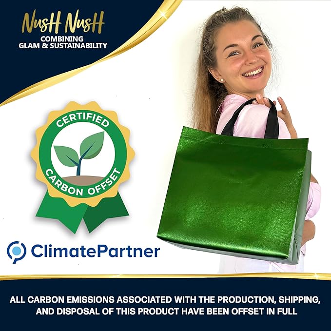 Nush Nush Large Green Gift Bags Bulk – Set of 60 Shiny Reusable Green Gift Bags With Handles - Perfect Goodie Bag for Christmas Gifts, Birthday Party Favor s, Holiday, Parties and Events – 13Wx5Dx11H