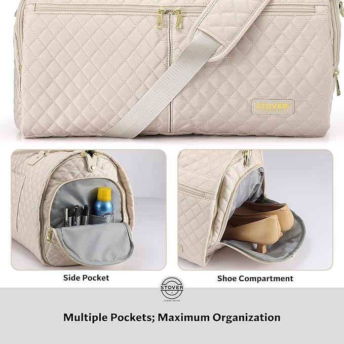 STOVER Women’s Convertible Garment Duffel Bag for Travel – 2-in-1 Carry-On Weekender/Overnight Tote - Wrinkle-Free Dresses, Hanging Suits & Clothes + Shoe Compartment & Bonus Toiletry Bag (Cream)