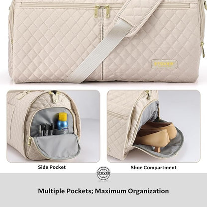 STOVER Women’s Convertible Garment Duffel Bag for Travel – 2-in-1 Carry-On Weekender/Overnight Tote - Wrinkle-Free Dresses, Hanging Suits & Clothes + Shoe Compartment & Bonus Toiletry Bag (Cream)