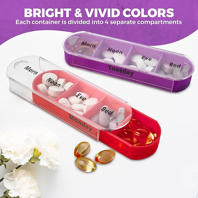 V-Grip Pill Splitter - Stackable Pill Organizer with 4 Daily Compartments, Medicine, Vitamin Organizer with AM/PM Boxes