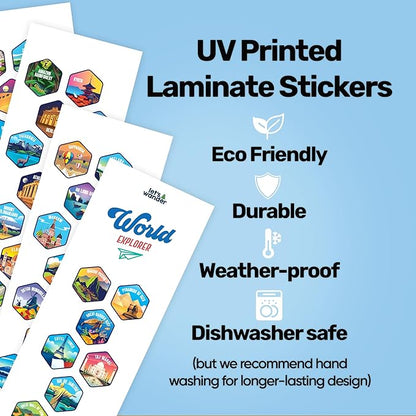 LET'S WANDER World Explorer Adventure Water Bottle with 50 Waterproof Stickers - 32oz Leakproof Insulated Stainless Steel with Straw - Travel Goal Gift Bottle (Black)