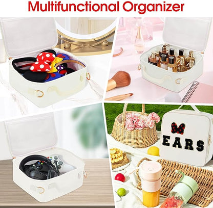 Chenille Letter Bow Mouse Ears Travel Case, Park Ears Headband Holder Hair Accessories Organizer Bag for Girls Women Kids Adults, Large Makeup Bag Snack Bags with Zipper for Travel Picnic - White